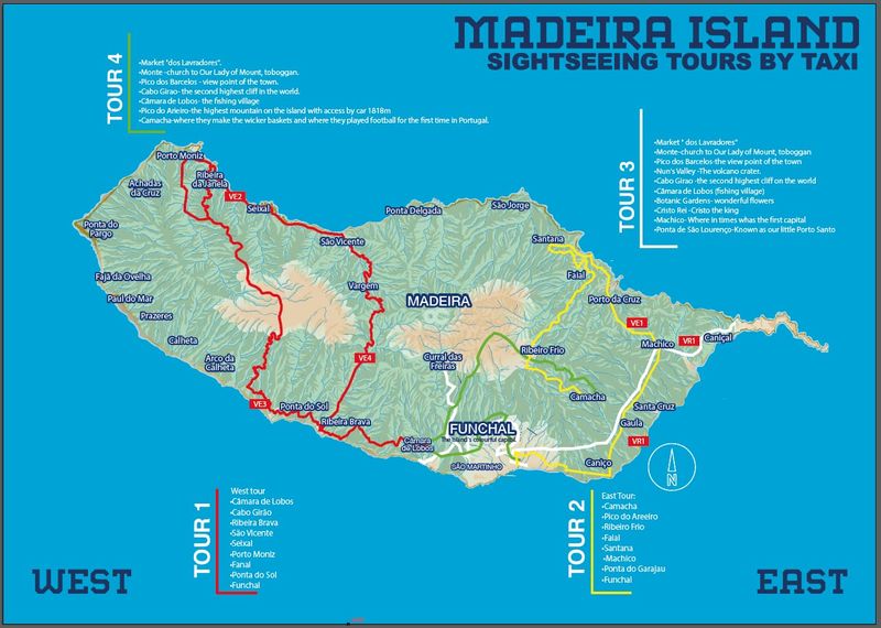 Mapa dos tours de táxi pela Ilha da Madeira